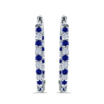 Huggie Hoop Earrings Round Simulated Blue Sapphire CZ 925 Sterling Silver (14mm)